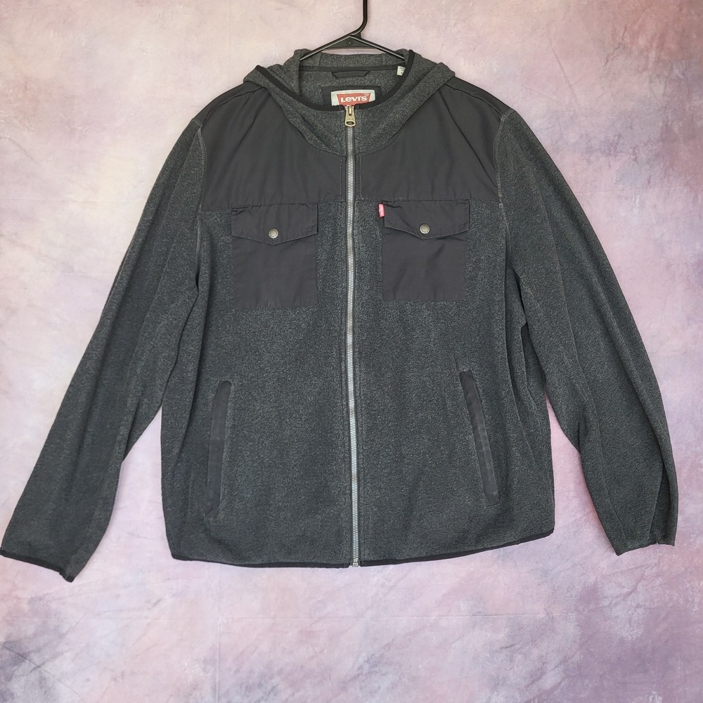 Levi's Men's XL Mixed Media Fleece Hoodie Gray Full Zip Jacket Nylon Overlay